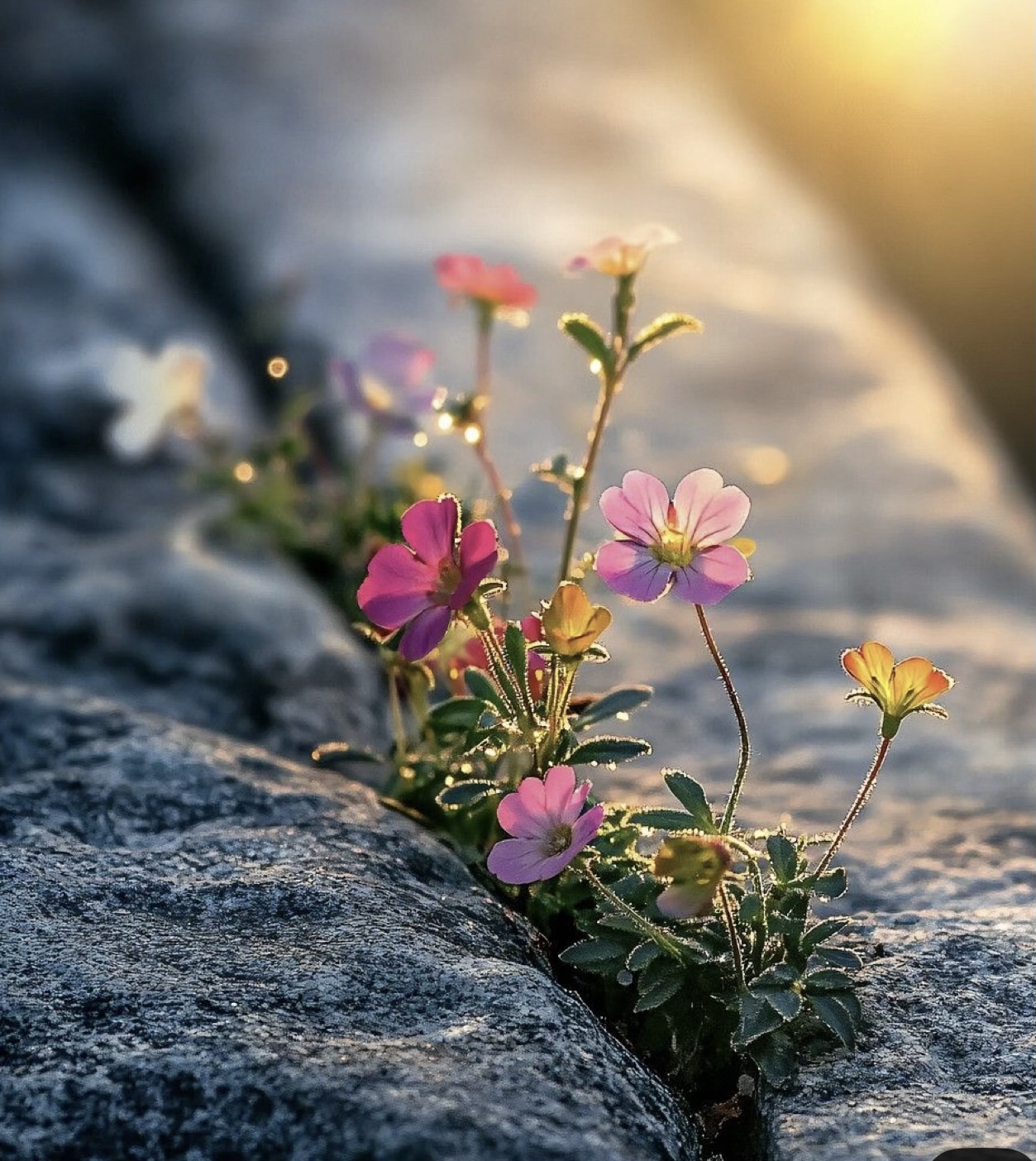 Wildflowers growing through stone in warm light — symbol of resilience and hope